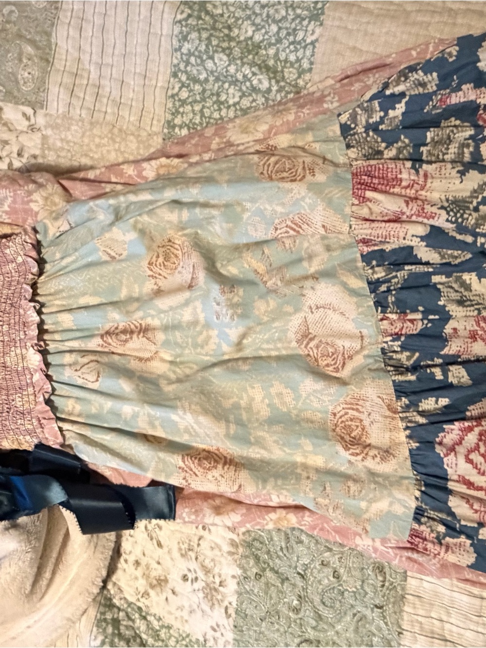 Free People Smocked Top with Blue Floral Skirt and Navy Ribbon Blue Bell Maxi - Picture 5 of 8